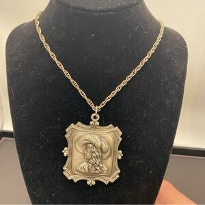 Antique-Style Pewter Portrait Cameo Style Pendant Necklace